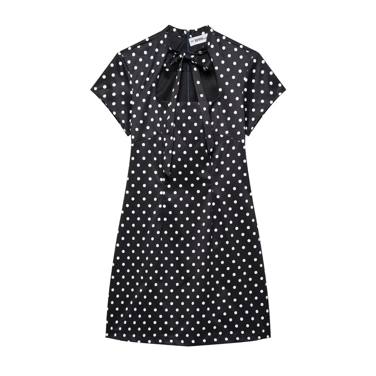 Front flat lay of black polka dot tie neck short sleeve mini dress