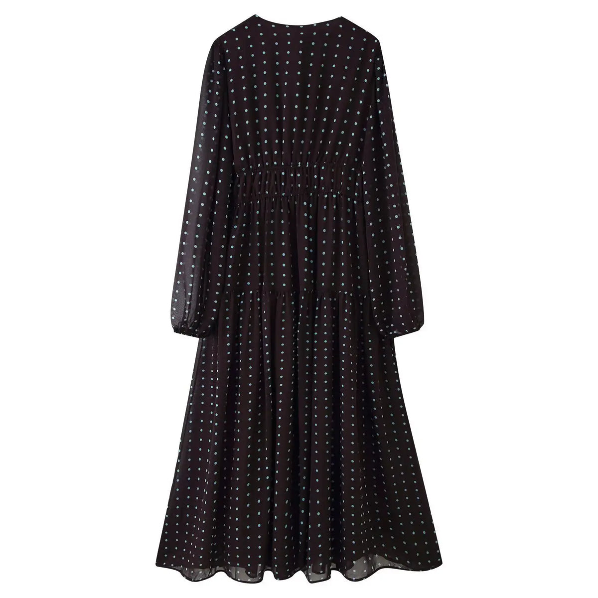 Back flat lay of polka dot tiered chiffon maxi dress