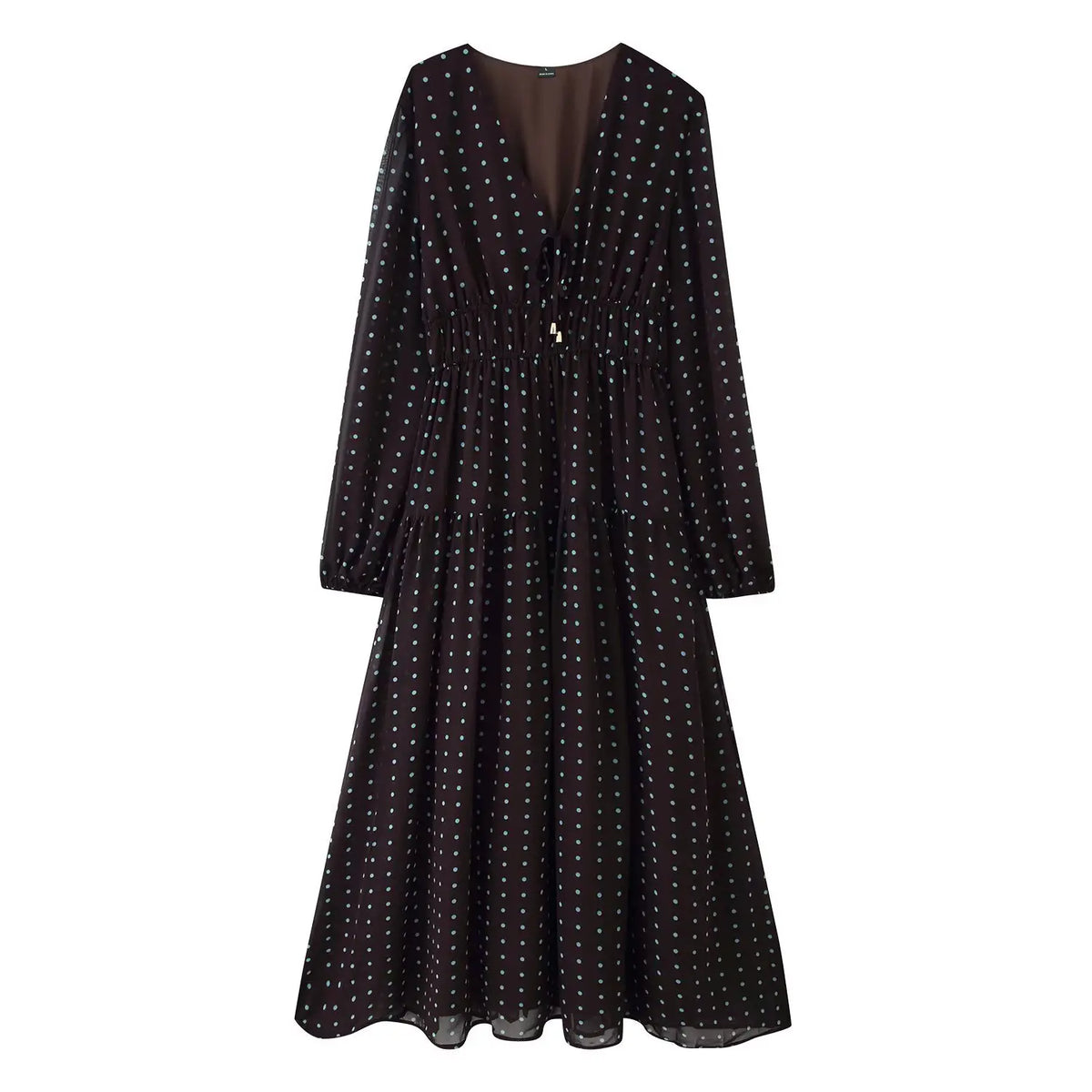 Front flat lay of polka dot V neck tie waist tiered chiffon maxi dress