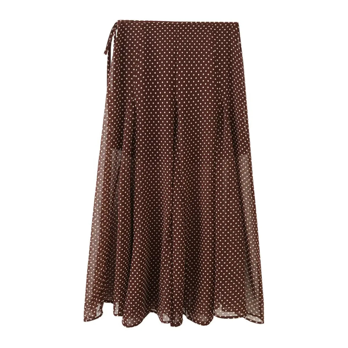 Back flat lay of polka dot wrap tie chiffon midi skirt