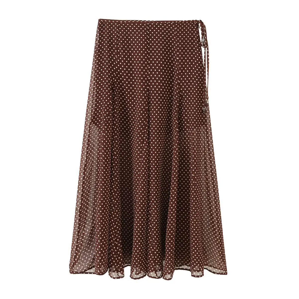 Front flat lay of polka dot wrap tie chiffon midi skirt
