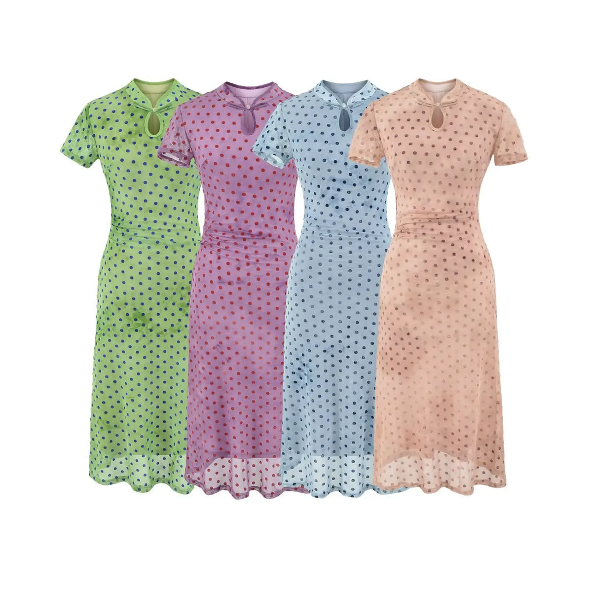 Group shot of polka dot cheongsam‑style maxi dress in purple, green, blue, nude pink