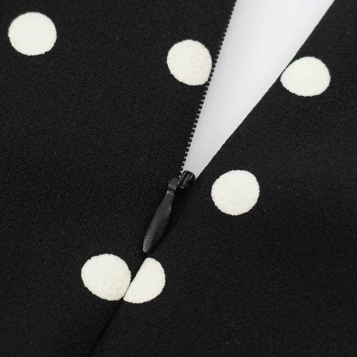 Macro shot invisible zipper detail on black white polka dot midi dress