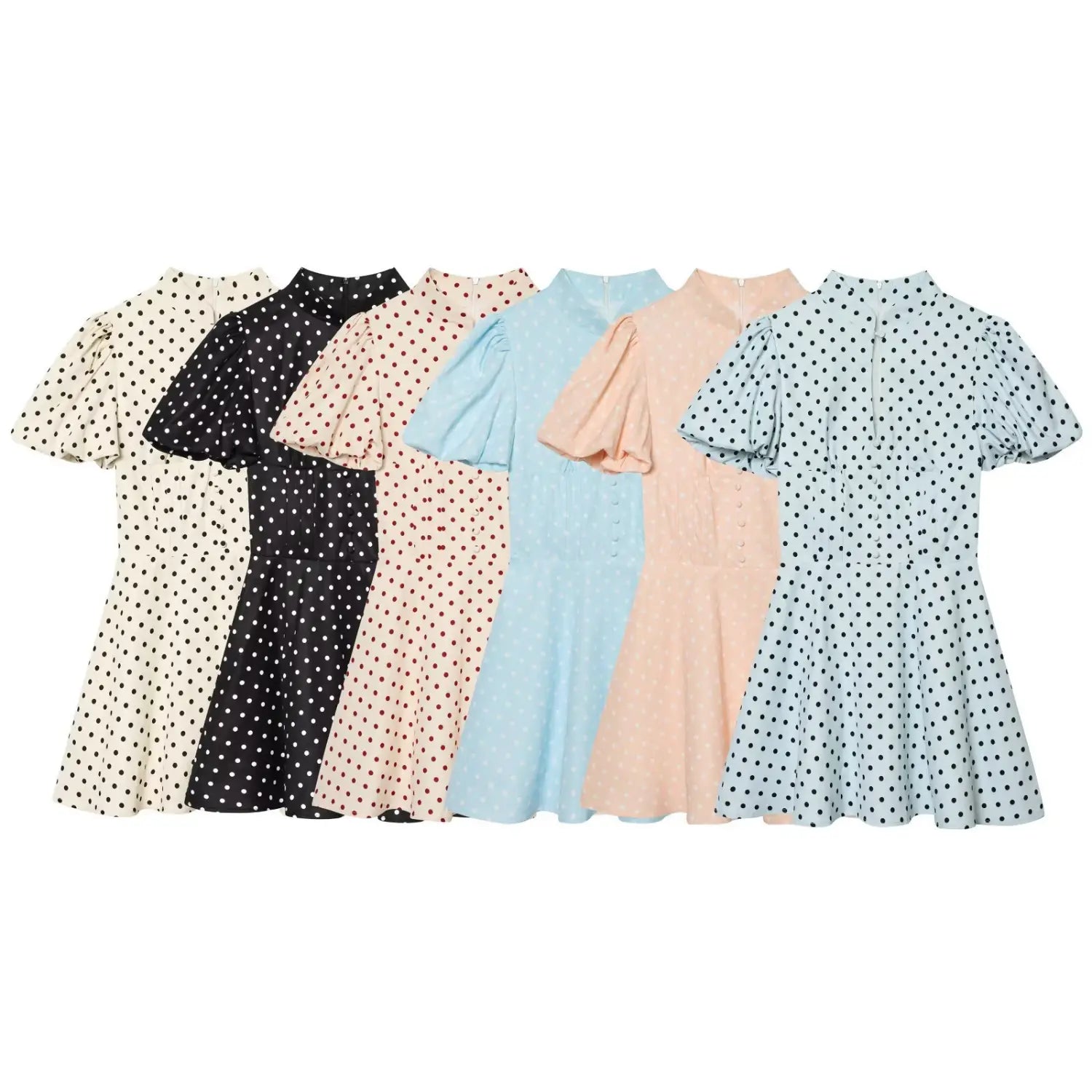 Flat lay group shot of polka dot mini dress in Black,Dusty Blue,Baby Blue,Shell Pink,Off‑White,puff short sleeve stand collar fit‑flare silhouette