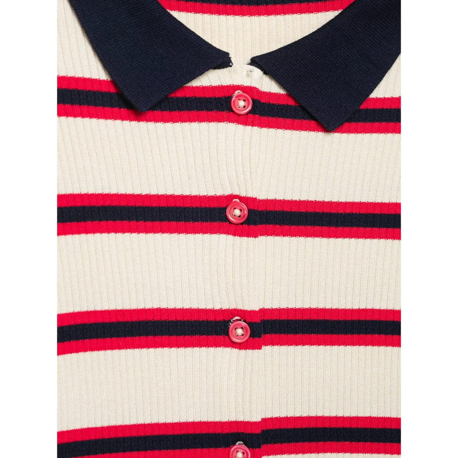 Neckline macro shot, navy polo collar, red front buttons, vertical ribbed knit, red & navy horizontal stripe pattern