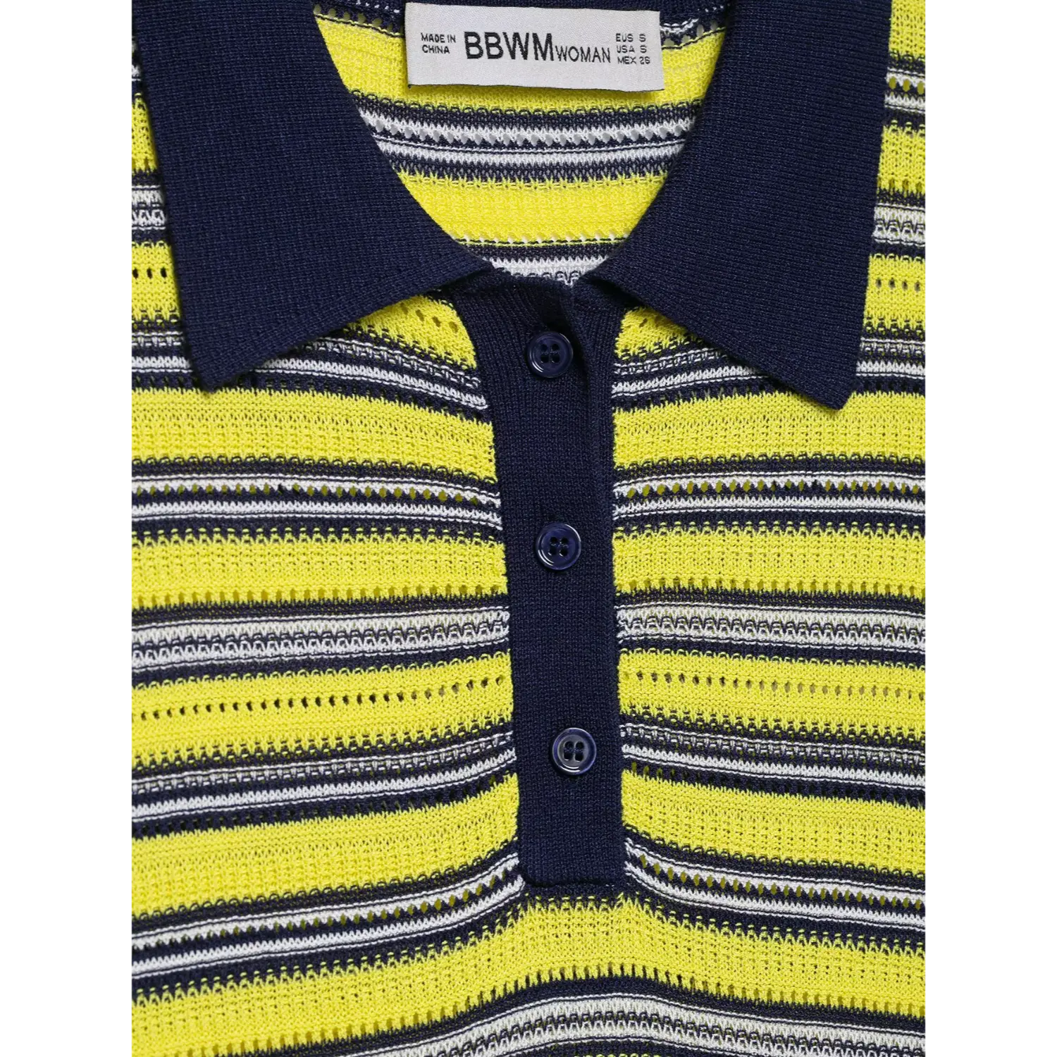 Neckline macro close-up, navy polo collar, three matching round buttons, horizontal stripe openwork knit texture