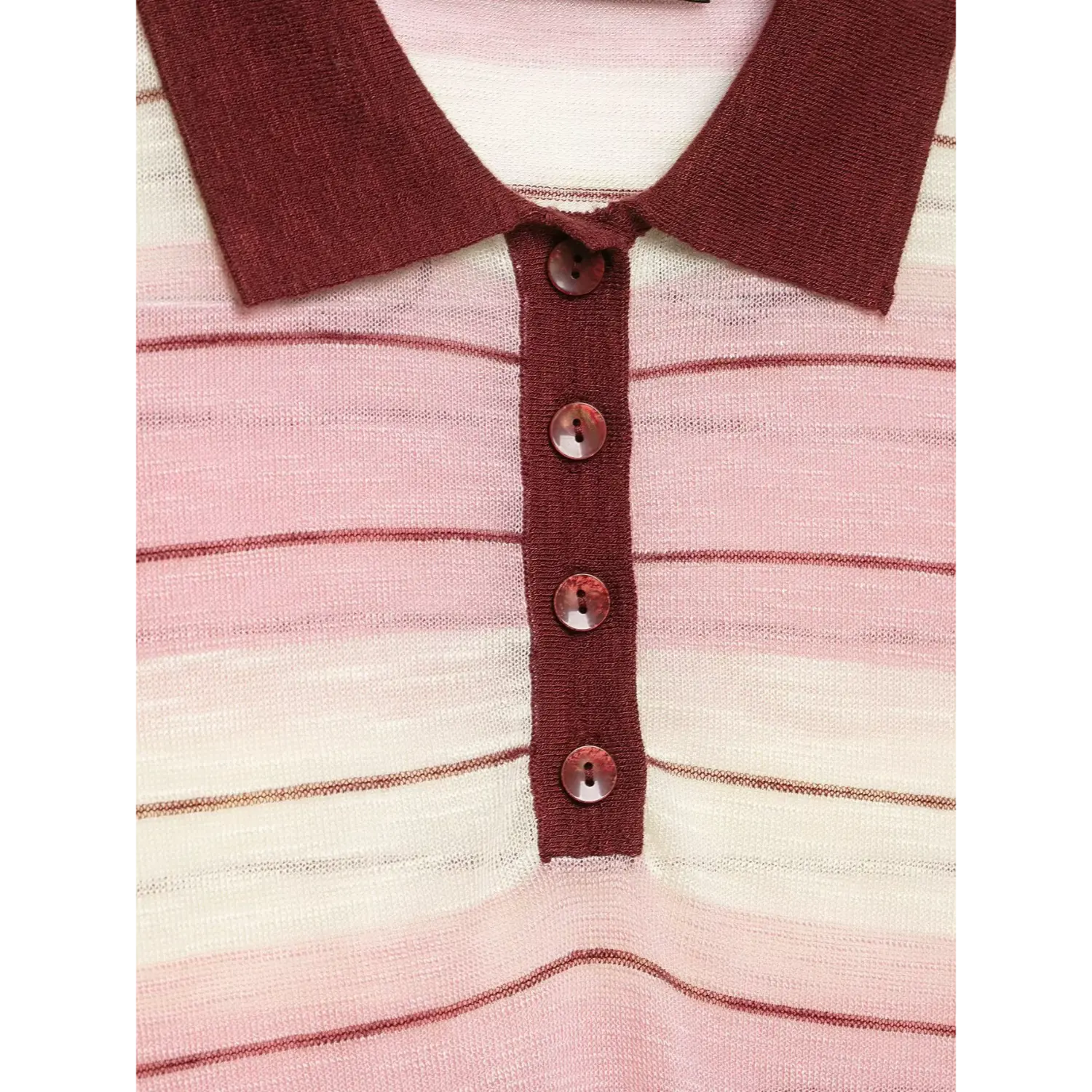Neckline macro close-up, maroon polo collar, four matching round buttons, horizontal stripe semi-sheer knit texture