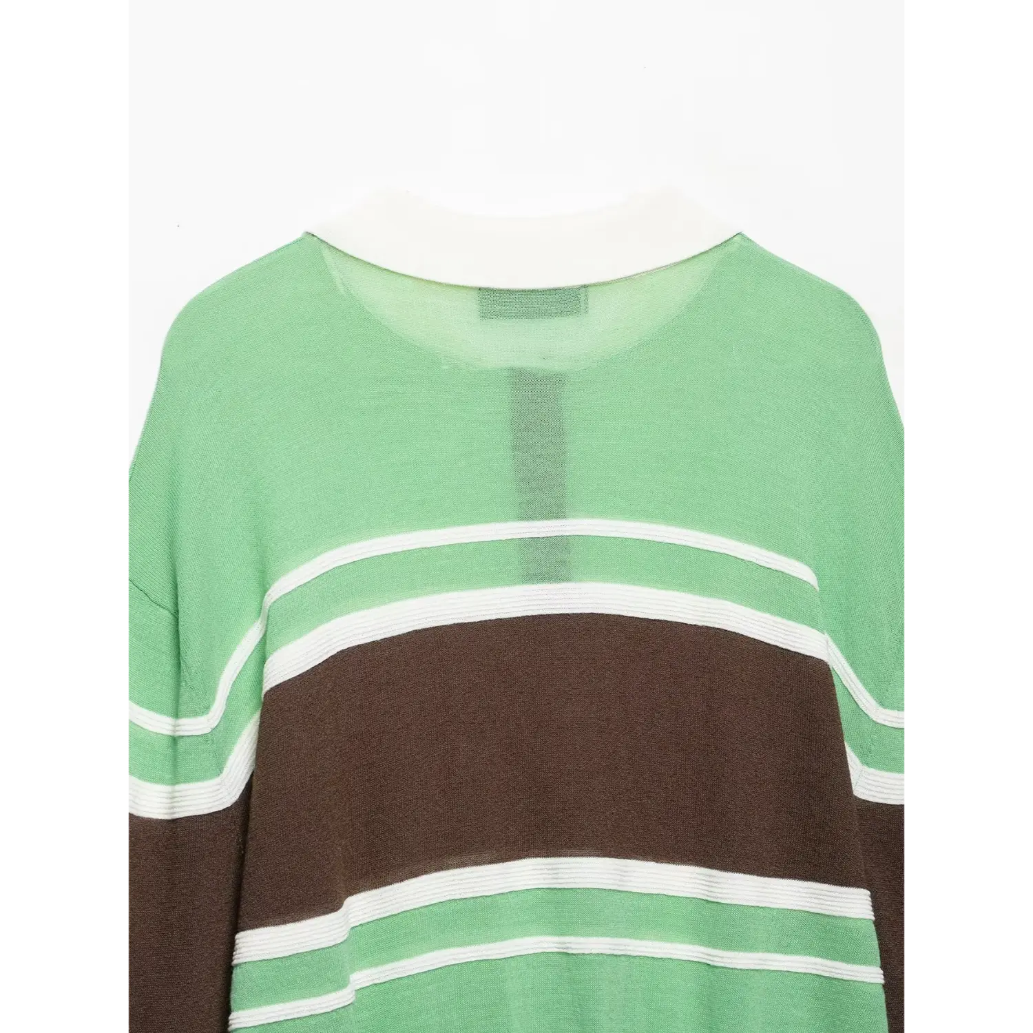 Back yoke close‑up, green‑brown‑white horizontal color‑block stripes, rear neckline view
