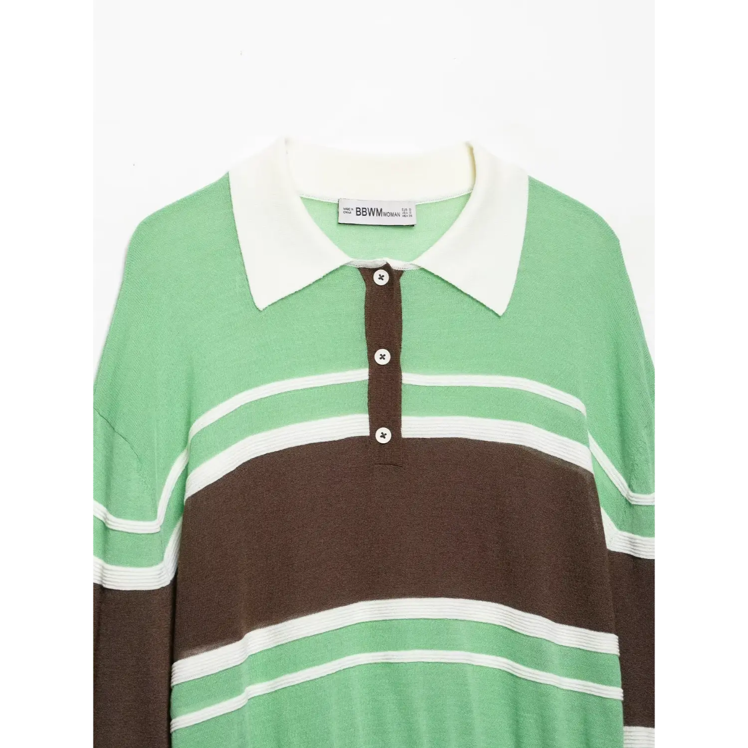 Chest close‑up, henley three‑button placket, green brown white color‑block striped knit