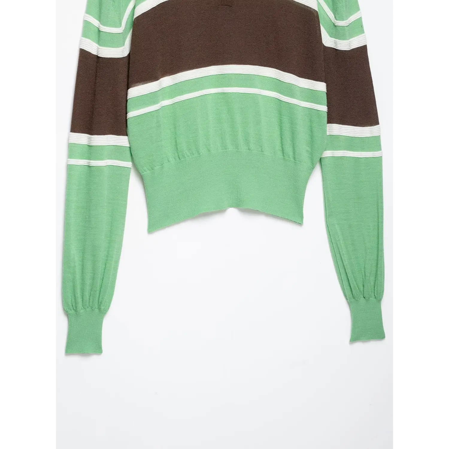Waist hem and full sleeve detail, cropped fitted ribbed hem, color‑block striped long sleeves