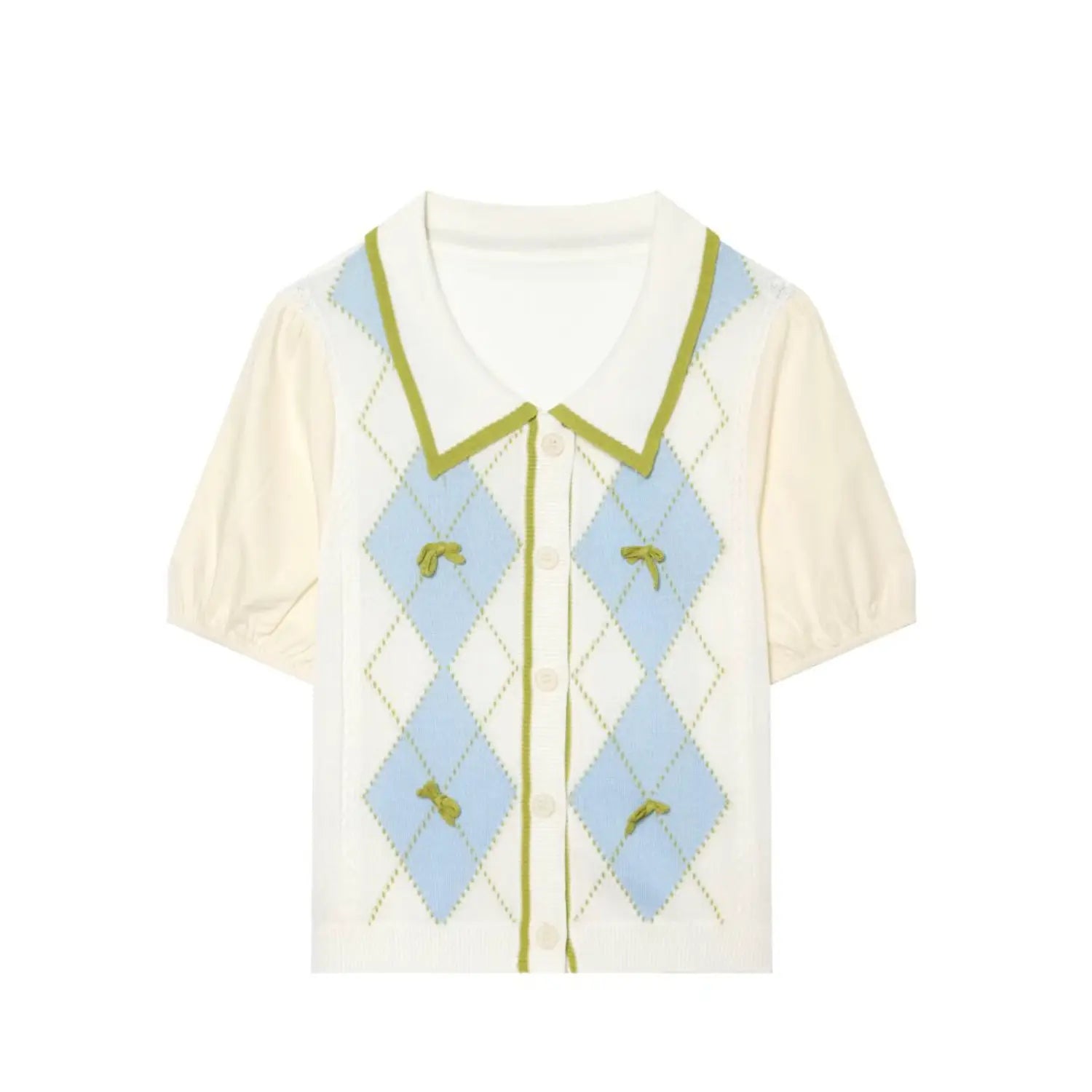 Front full flat lay sweet college style knit blouse, contrast green trim peter pan collar, blue white argyle diamond jacquard, hand-sewn tiny green bows, mixed poplin puff short sleeves, front button down casual top