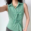 Daily outfit shot lapel wrap front striped sleeveless slim blouse