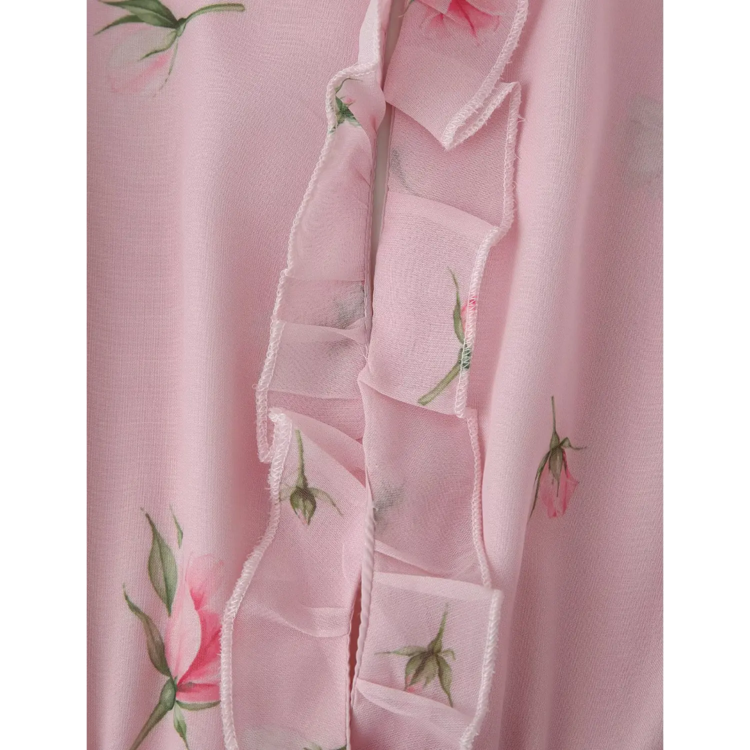 Long sleeve partial shot, subtle puff shoulder, elastic gathered flared ruffle cuff with matching pink chiffon