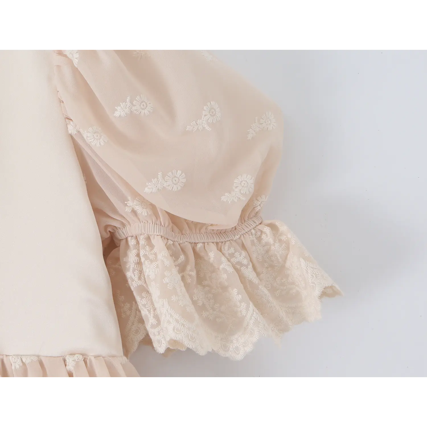 Puff sleeve cuff double scallop lace ruffle flat close-up, elastic band hollow lace trim soft romantic sleeve detail shot