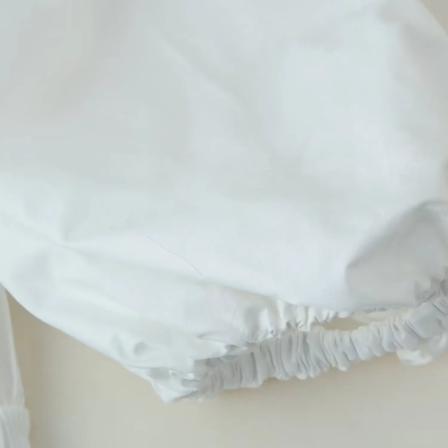 Side shot of sleeve bottom elasticated ruched cuff shaping full balloon silhouette