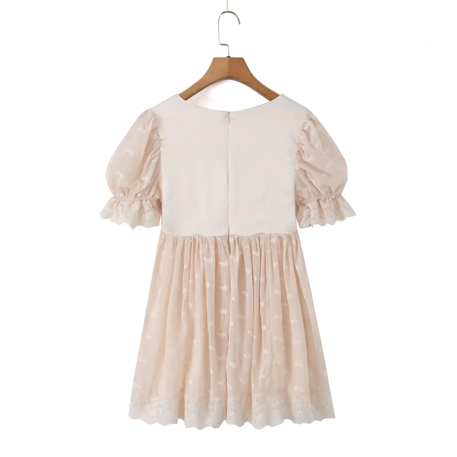 Puff sleeve tulle dress back wood hanger white background flat lay, center invisible zipper smooth satin back panel minimalist soft back silhouette display