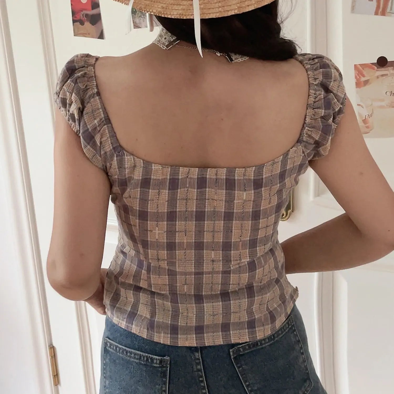 Purple brown plaid crop top back view detail, flat square smocked elastic back and ruched puff sleeve seams