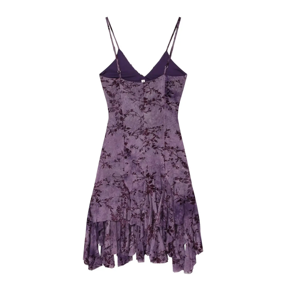 Back view purple floral cami mini dress, adjustable spaghetti straps, mesh lined interior, irregular ruffle hem