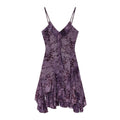 Front view purple floral cami mini dress, v neck ruffle detail, irregular asymmetrical hem, slim fit