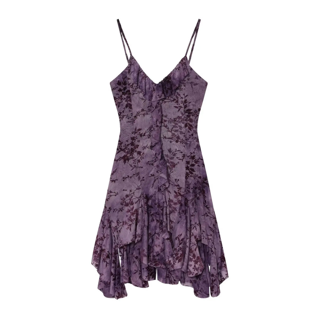 Front view purple floral cami mini dress, v neck ruffle detail, irregular asymmetrical hem, slim fit