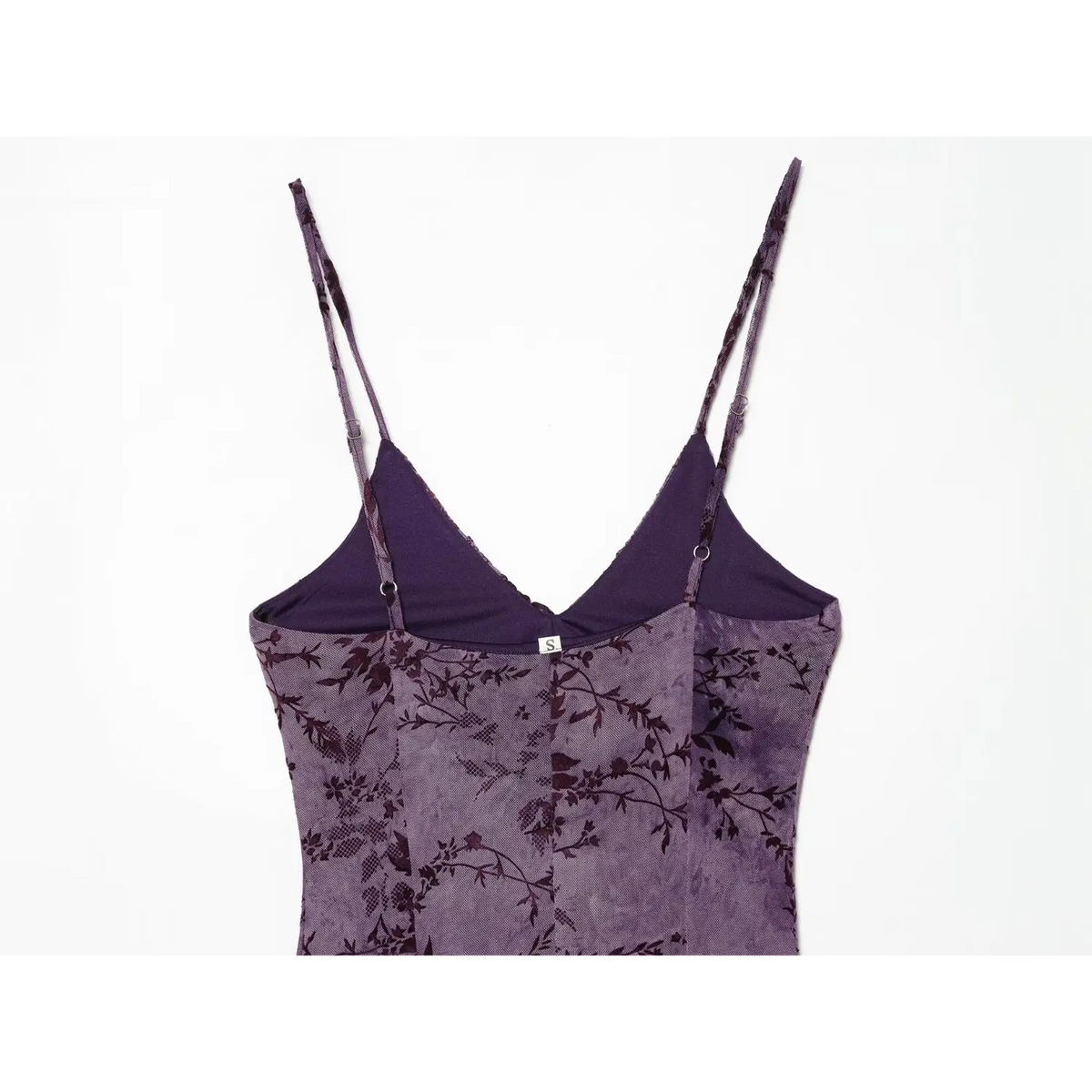 Close‑up back bodice of purple floral cami dress, adjustable double spaghetti straps and inner lining
