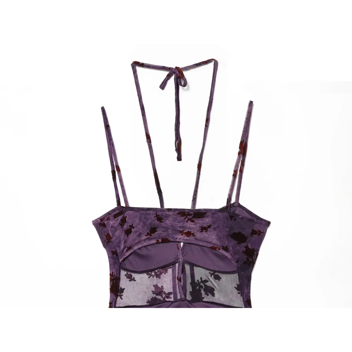 Flat lay close‑up of back cut‑out construction, halter tie of purple mesh maxi dress