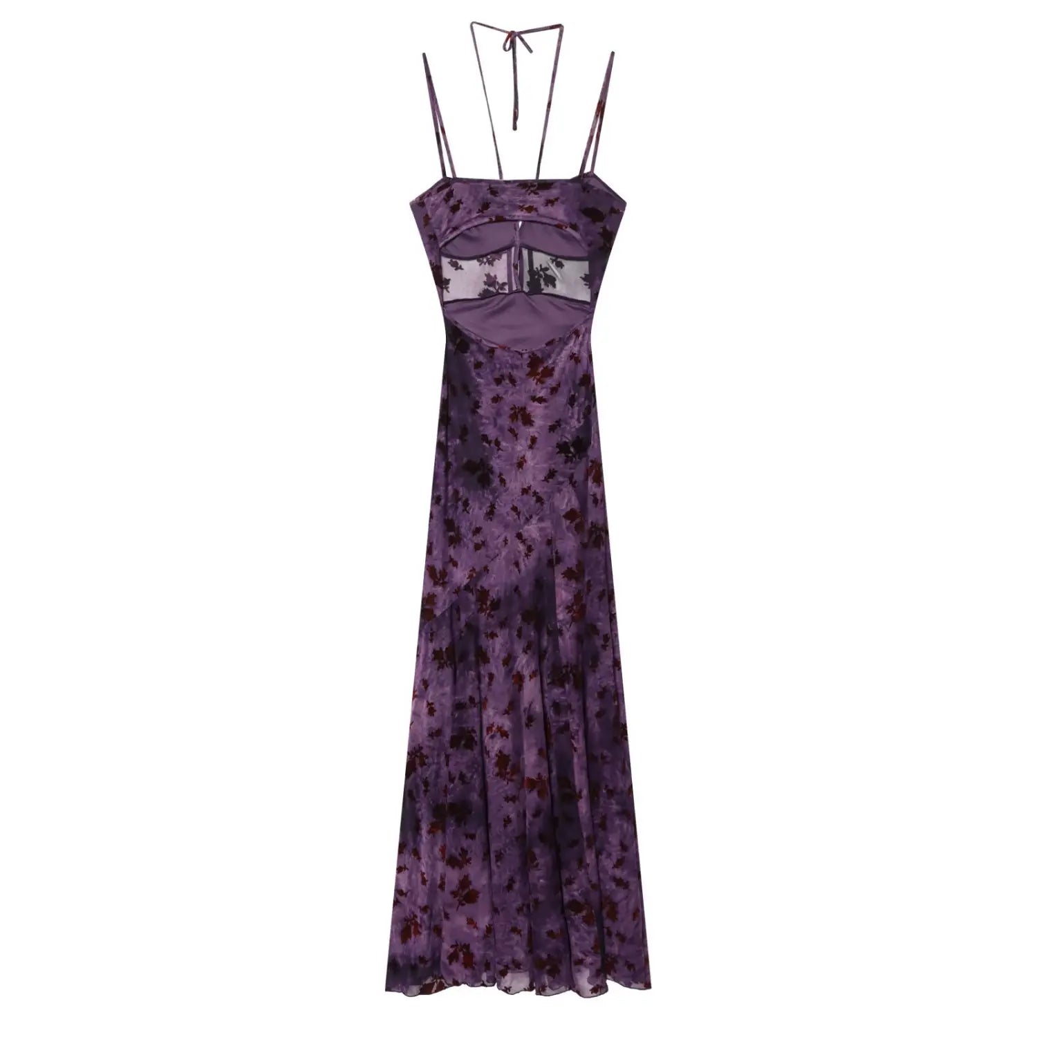 Flat lay back view of purple floral mesh maxi dress, back cut‑out design, tie‑up halter neck, sheer mesh fabric with burgundy floral print