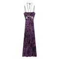 Flat lay front view of purple floral mesh maxi slip dress, multi‑thin halter spaghetti straps, waist cutout detail, flowy long skirt