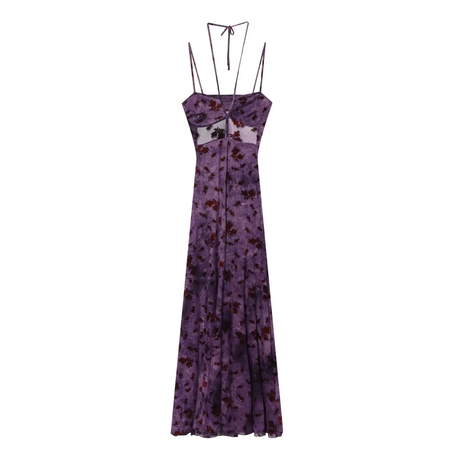 Flat lay front view of purple floral mesh maxi slip dress, multi‑thin halter spaghetti straps, waist cutout detail, flowy long skirt