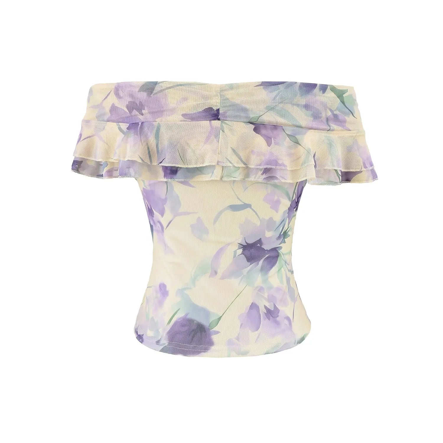 Purple floral mesh off shoulder top full back plain white flat lay, smooth back panel double ruffle off-shoulder hem slim cropped solid lining back detail shot