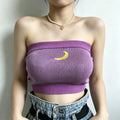 Model front view purple ribbed knit strapless tube top with yellow crescent moon embroidery