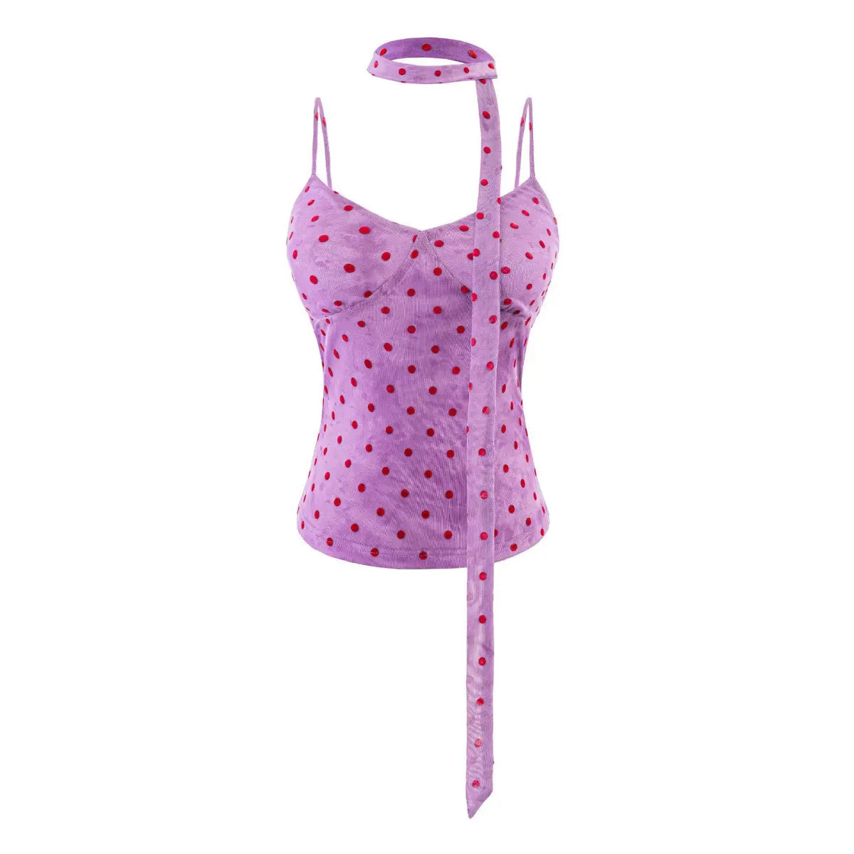  Purple mesh cami top with red polka dots, matching choker strap, and spaghetti straps, studio front view