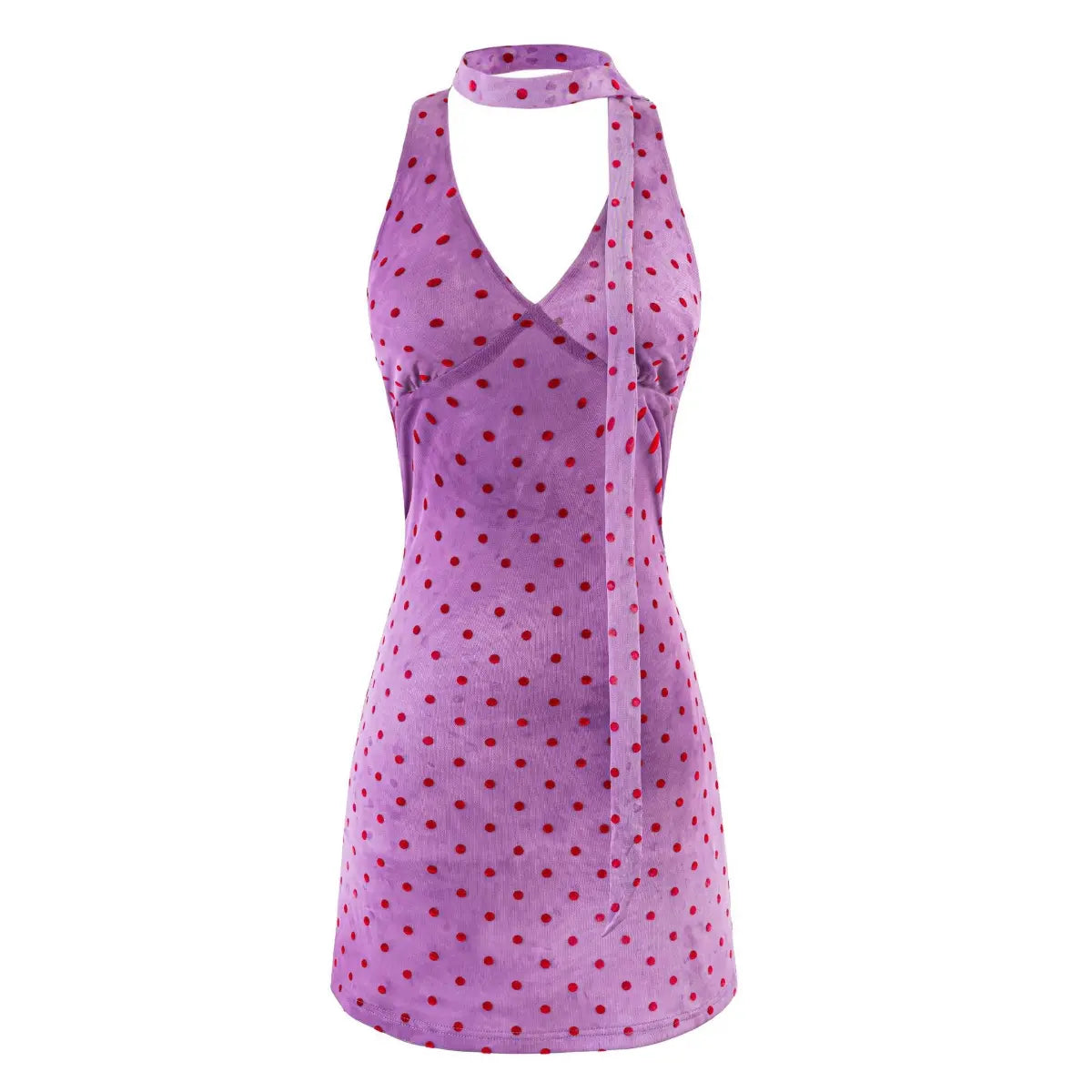 Front view of a purple halter mini dress with red polka dots, V-neck, and matching neck tie.