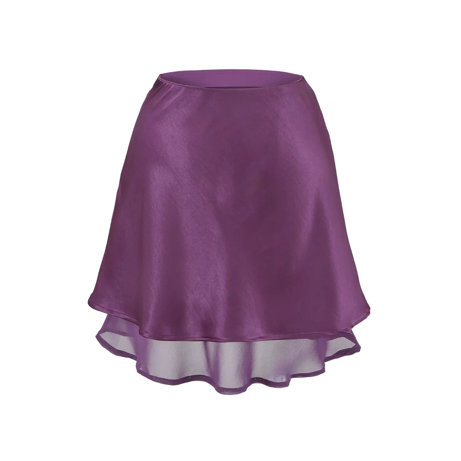 Lavender purple layered satin mini skirt white flat single shot soft matte satin texture staggered double hem high waist bright skin solid skirt
