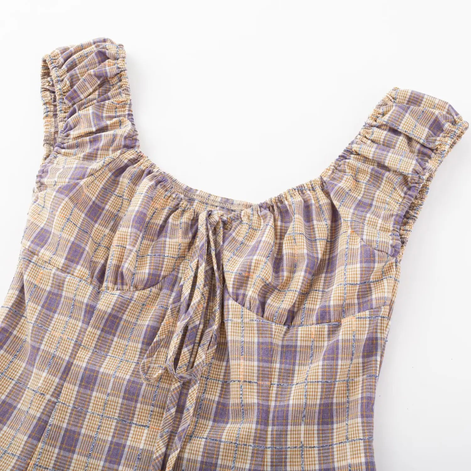 Purple tan vintage plaid top u-neck detail, ruched cap sleeve straps and front gathered tie printed fabric flat shot