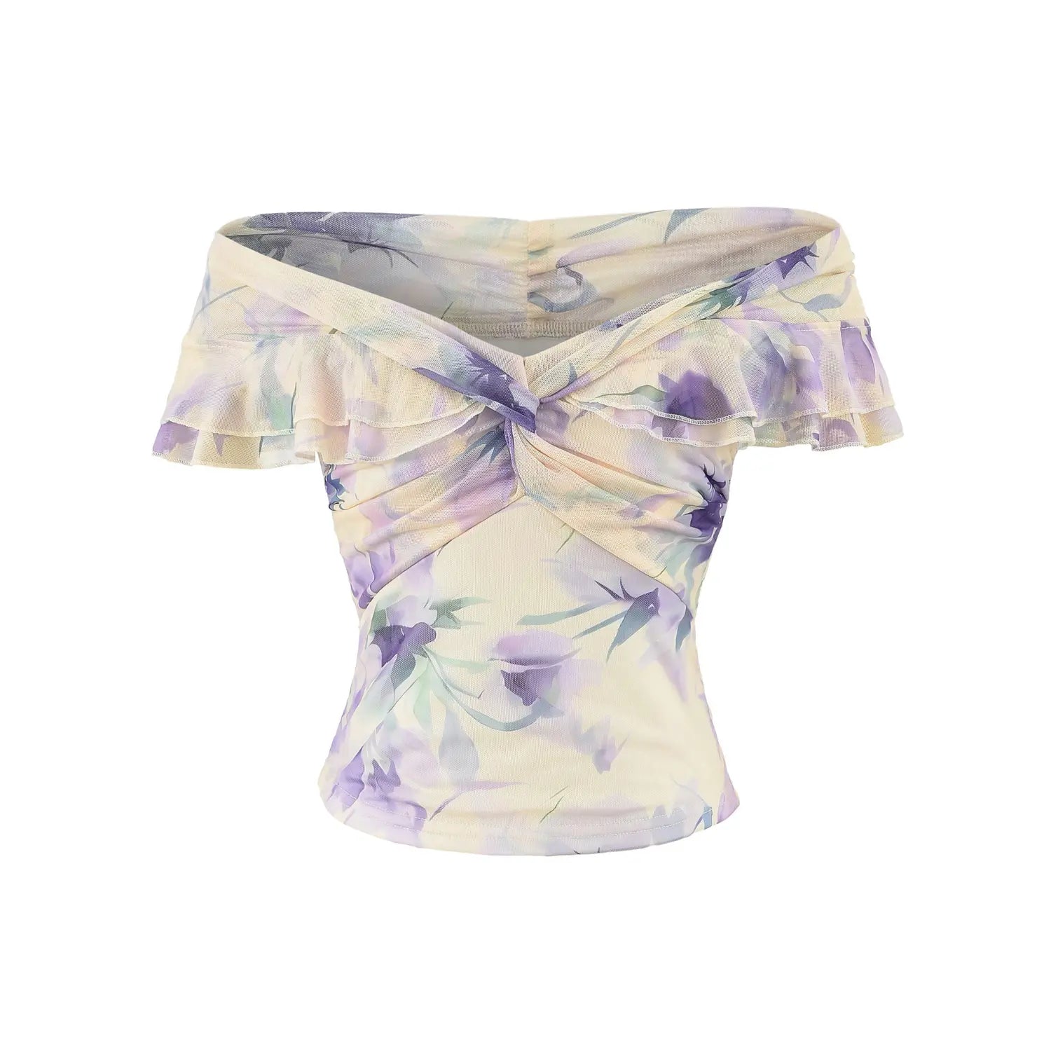 Purple watercolor floral mesh off shoulder top front plain white flat lay, off-shoulder double ruffle sleeve front twist ruched waist slim cropped y2k feminine top main product shot