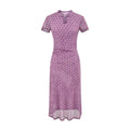 Front full view of purple polka dot cheongsam‑style maxi dress with short sleeves
