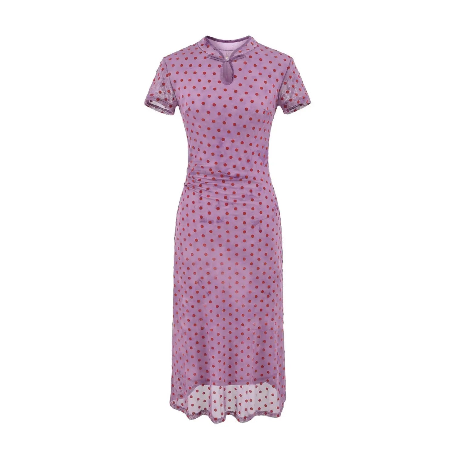 Front full view of purple polka dot cheongsam‑style maxi dress with short sleeves