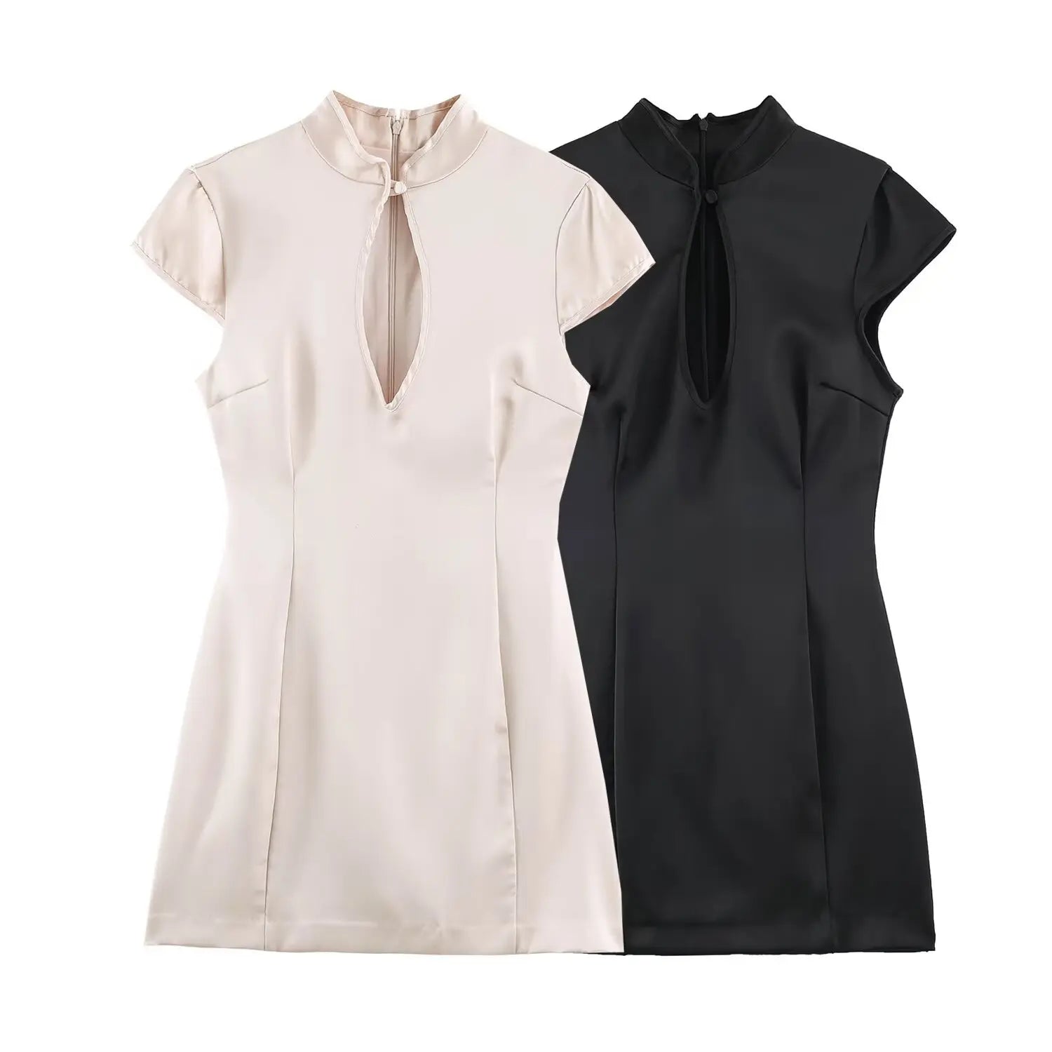 Two color set flat lay overview, cream white & black satin mini qipao, stand collar hollow chest cutout, cap short sleeve