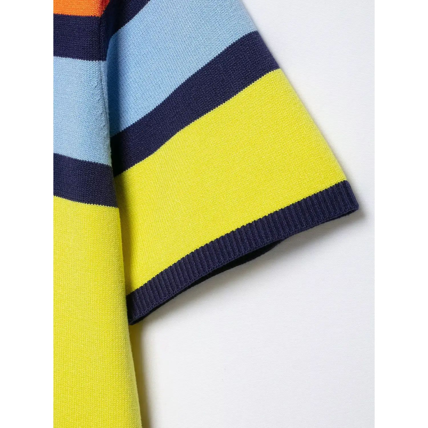 Fabric drape closeup, soft stretch fine knit weave, clear layered rainbow horizontal stripe color matching