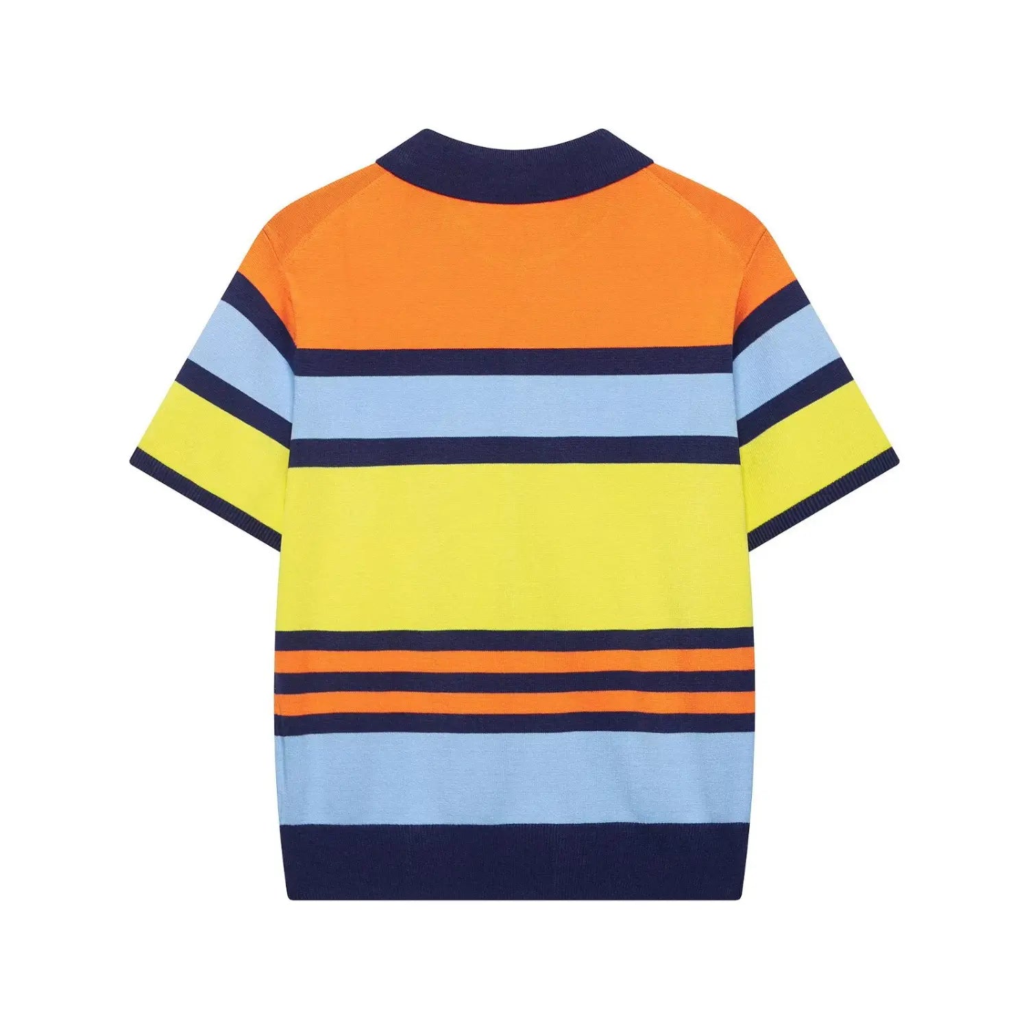 Full back flat view striped knit polo tee, solid navy rib collar back, uniform matching multicolor horizontal stripe pattern, soft fine knit texture