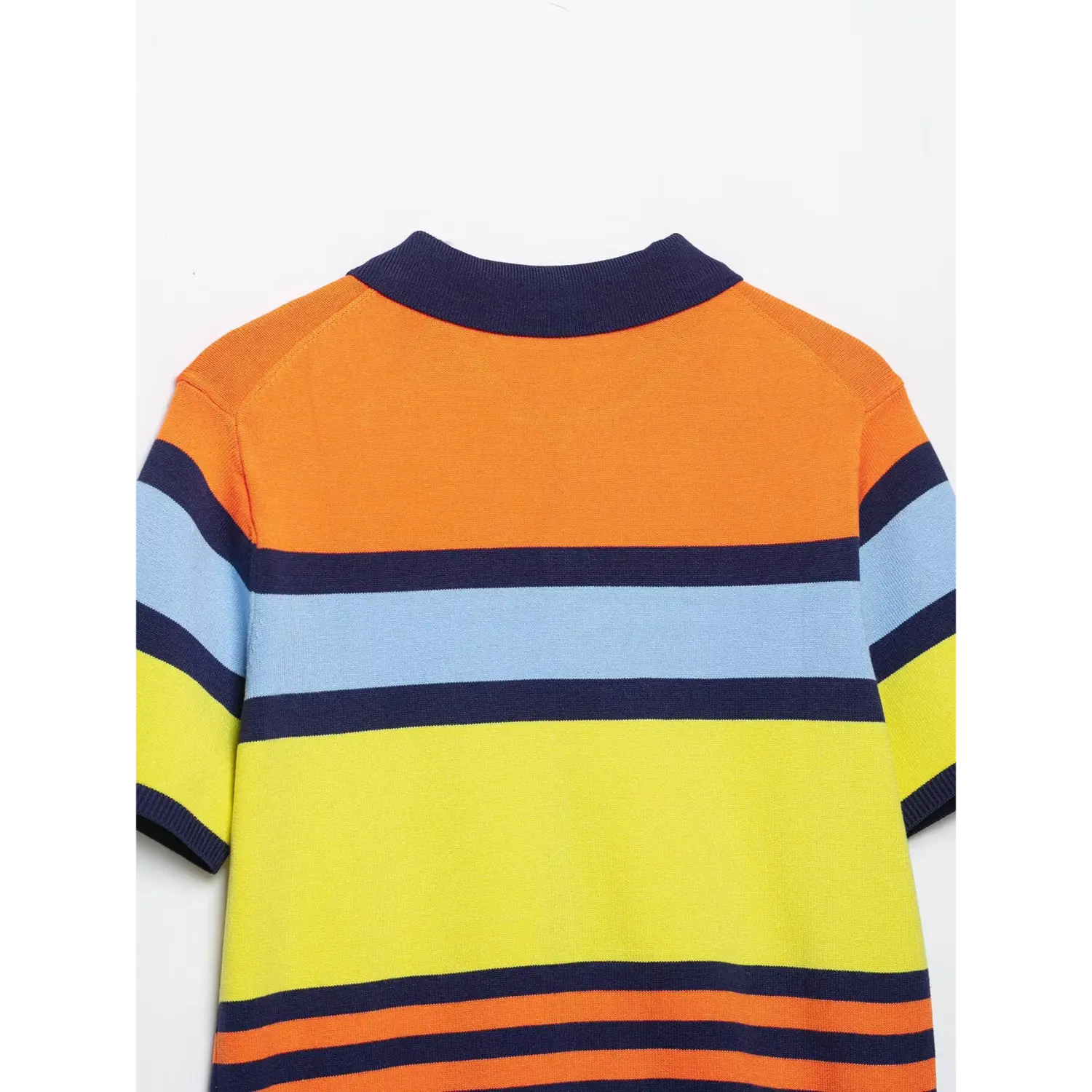 Full back torso flat detail, plain solid knit back panel, consistent repeating orange yellow blue stripe horizontal layout