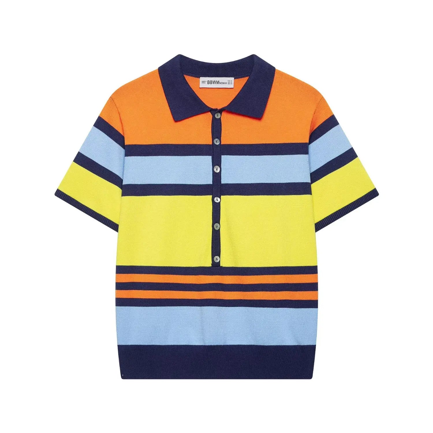 Full front flat lay rainbow horizontal stripe knit polo top, navy lapel collar, half vertical shell button placket, short rib cuff sleeves, color block orange yellow light blue stripe knit fabric