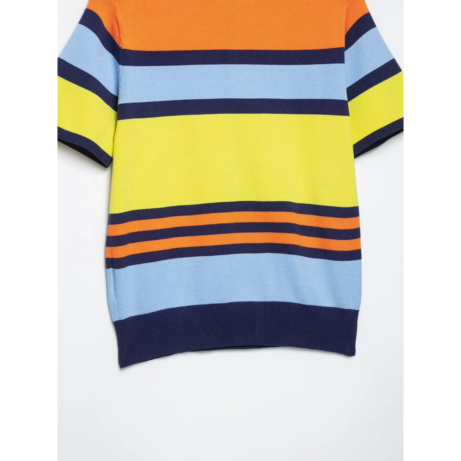 Closeup bottom rib hem, multi-color horizontal stripe layout, double thin orange stripe band above navy rib hem, soft fine knit fabric texture