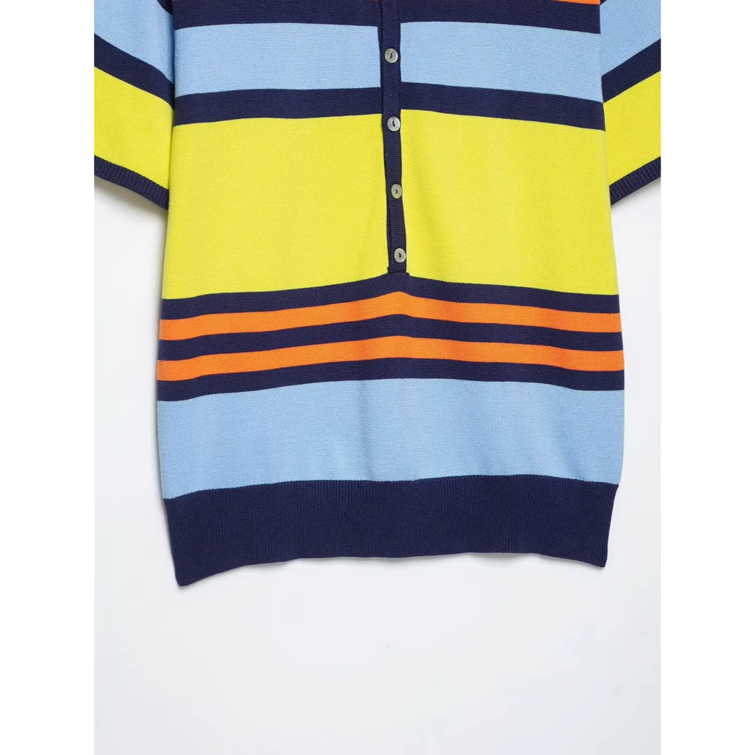 Partial shoulder folded lapel collar detail, contrast navy rib collar trim, clean horizontal color block stripe layout