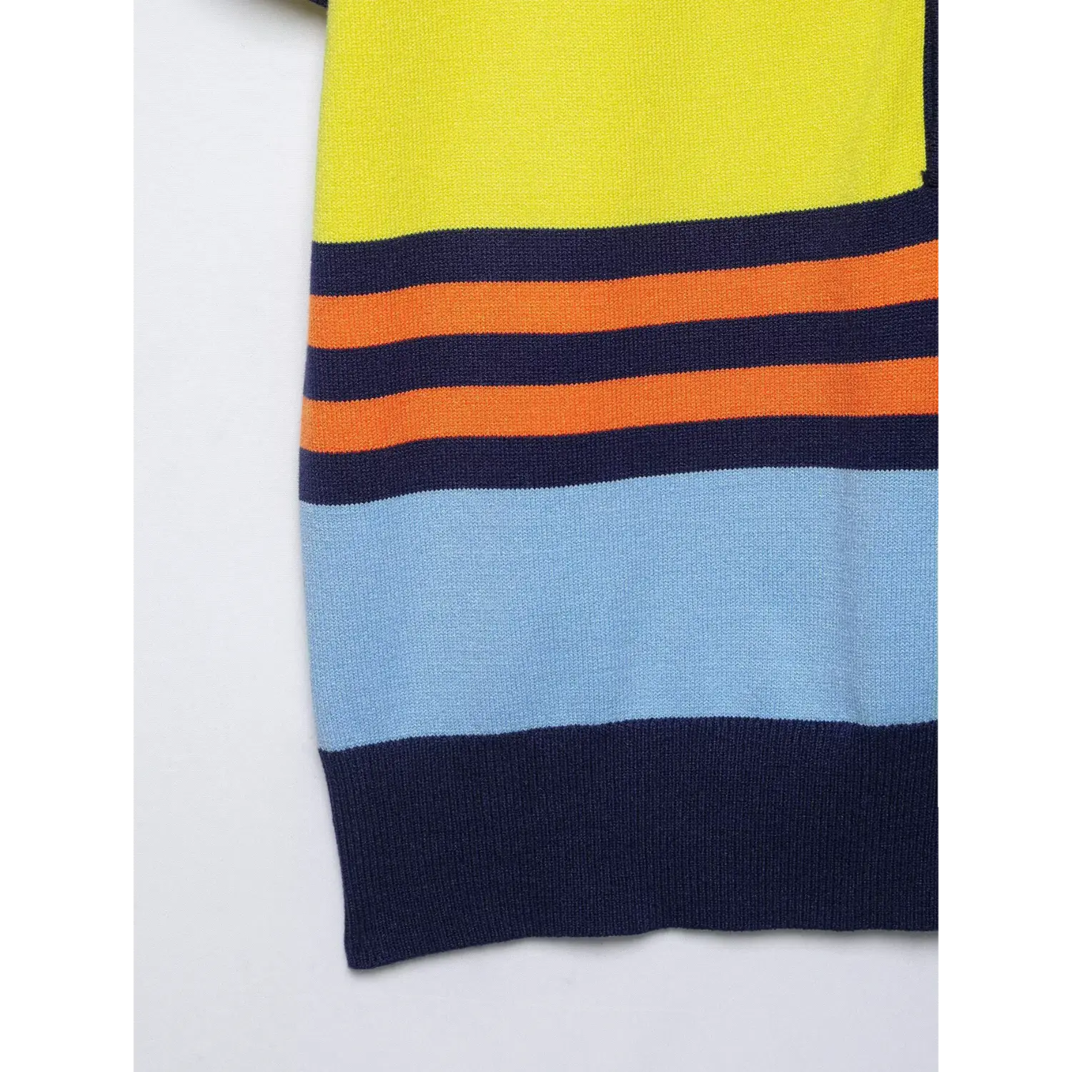 Mid torso fabric macro shot, wide orange & light blue stripes separated by navy thin bands, soft stretch knit drape texture