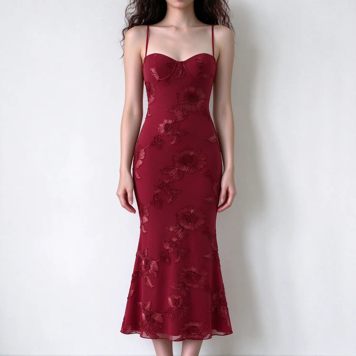 Model wearing red 3D floral embroidery mermaid maxi dress, sweetheart bust, thin spaghetti straps, fitted body, flared mermaid hem