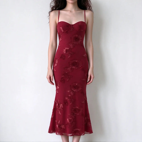 Model wearing red 3D floral embroidery mermaid maxi dress, sweetheart bust, thin spaghetti straps, fitted body, flared mermaid hem