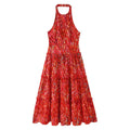 Flat lay front view red abstract brushstroke print halter neck tiered ruffle maxi dress