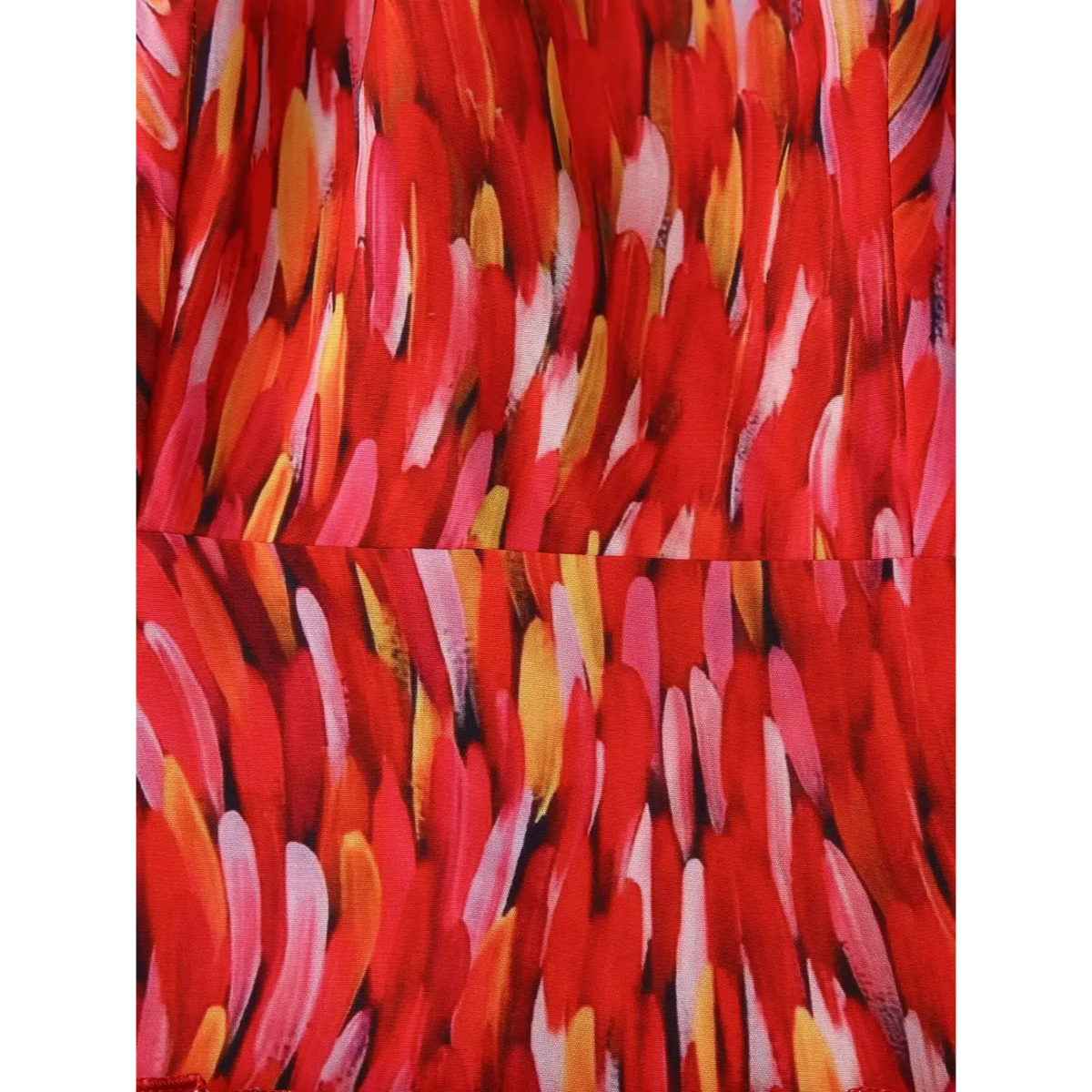 Close‑up shot tiered ruffle seam stitching red abstract brushstroke print halter maxi dress